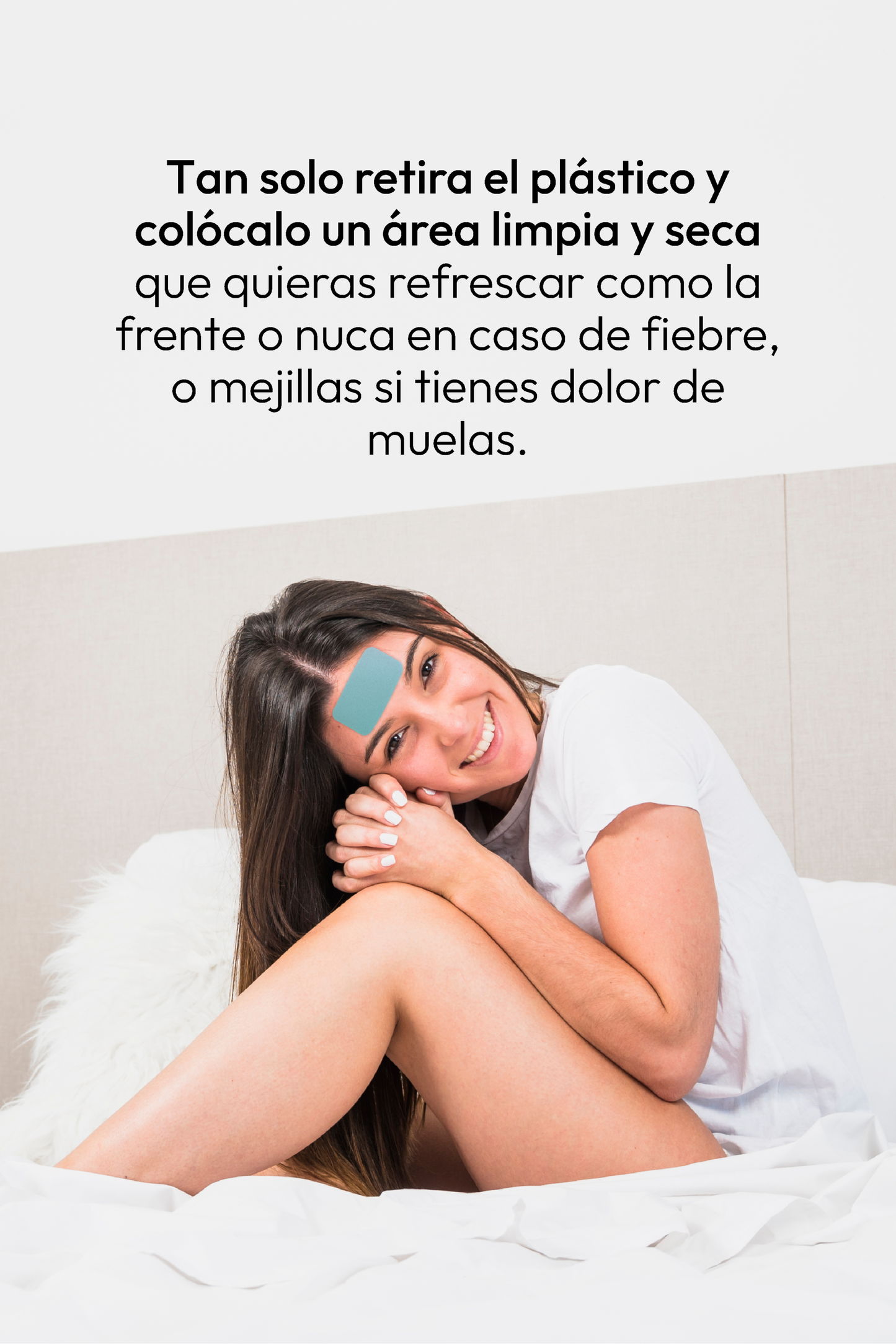 Persona recostada usando un parche frío en la frente como método sencillo para refrescar y aliviar molestias.