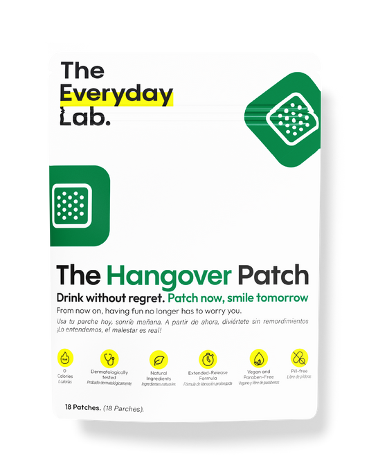 Parche anti cruda Hangover Recovery & Prevention Patch para prevenir y aliviar resacas con vitaminas y electrolitos.