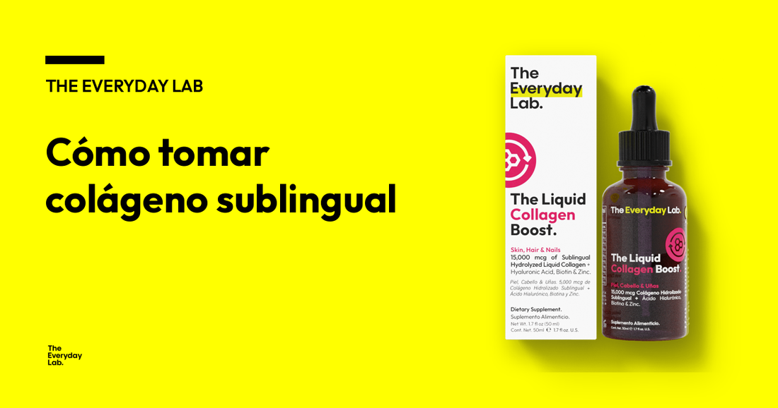 Cómo tomar colágeno sublingual: The Liquid Collagen Boost de The Everyday Lab, gotero y caja del producto