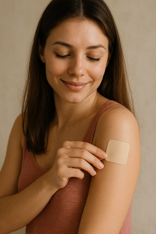 Mujer joven aplicando un parche en el brazo, representando cómo funciona el parche anti resaca mediante absorción transdérmica de nutrientes. 