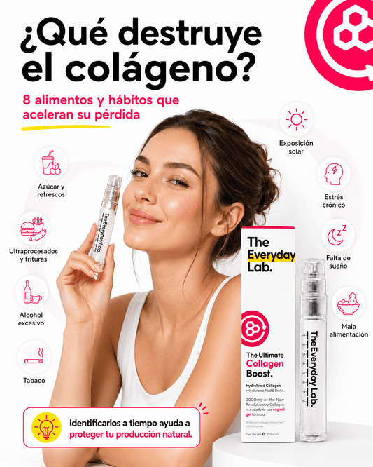 Infografía que muestra alimentos ultraprocesados que destruyen el colágeno de la piel y articulaciones.