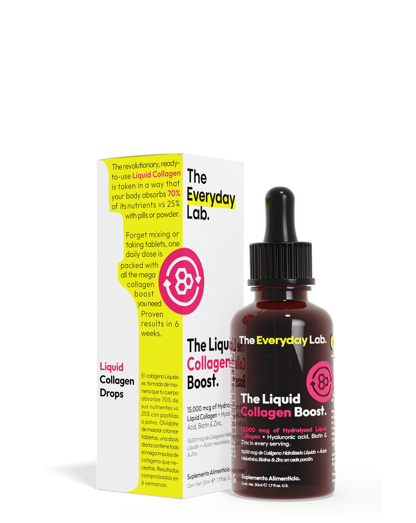 Frasco gotero de Liquid Collagen Boost colágeno sublingual hidrolizado y liposomado para piel, cabello y uñas saludables