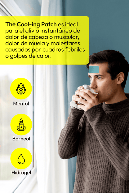 Parche frío para dolor aplicado en la frente para aliviar dolor de cabeza, fiebre y malestar corporal.