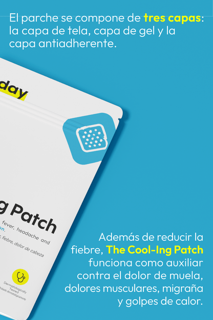 Detalle del empaque del parche frío mostrando su composición en tres capas y sus usos para fiebre y dolor corporal.