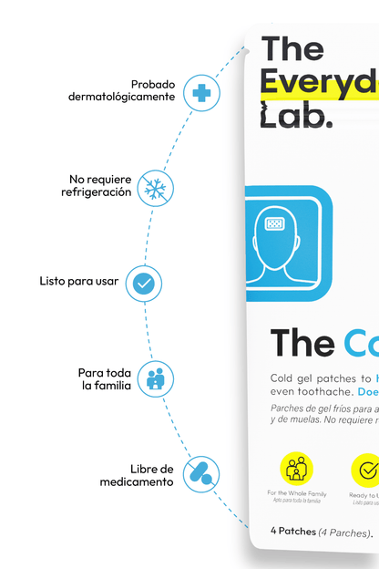 Empaque del Cool-ing Patch con iconos que destacan que es dermatológicamente probado, listo para usar.