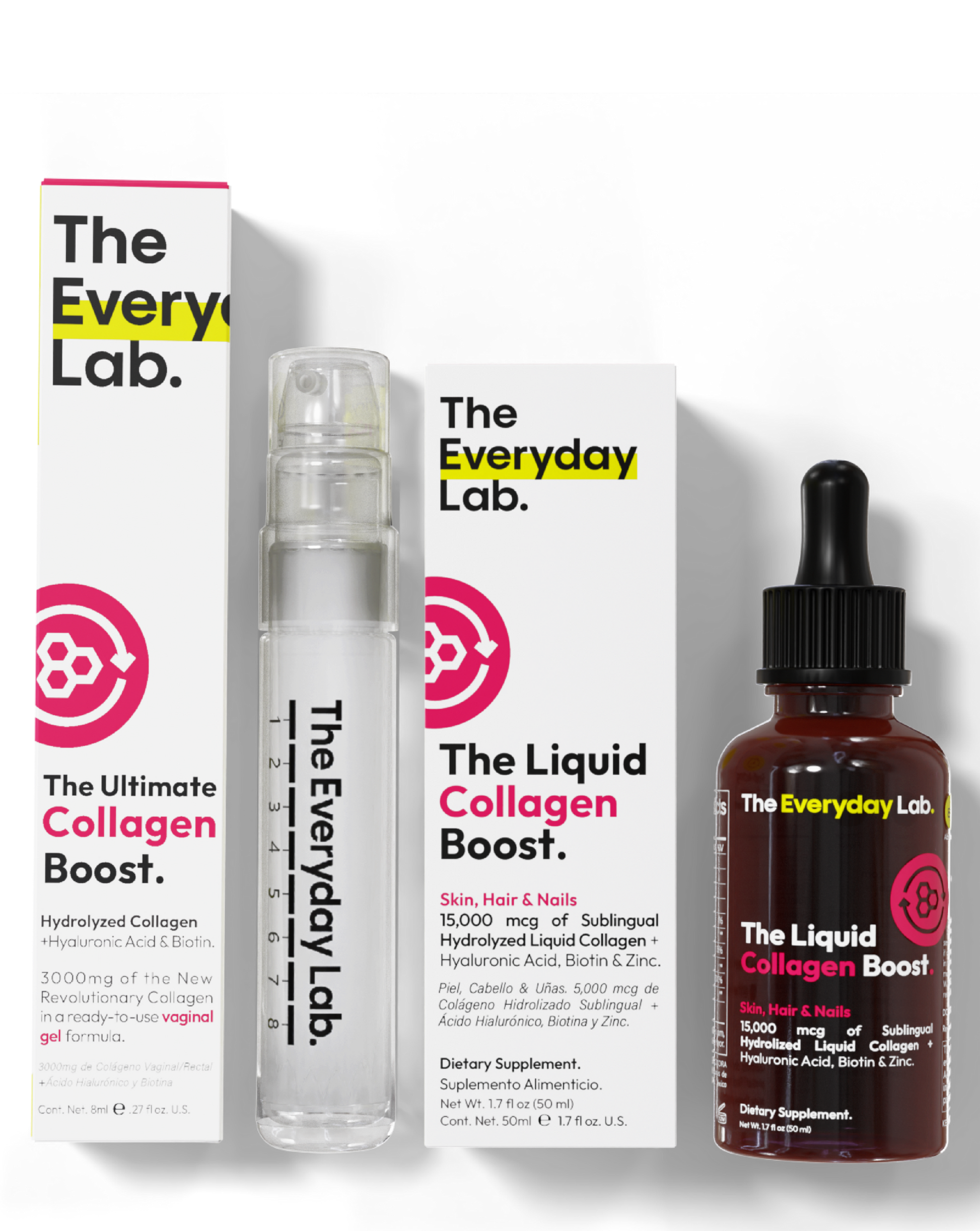 Paquete de colágeno para salud y belleza con productos en polvo, líquido y cápsulas.