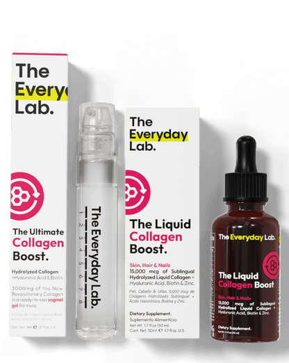 Paquete de colágeno para salud y belleza con productos en polvo, líquido y cápsulas.