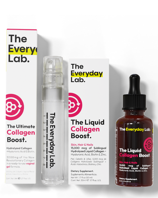 Paquete de colágeno para salud y belleza con productos en polvo, líquido y cápsulas.