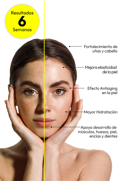 Una mujer joven y radiante posa con una sonrisa en su rostro mientras disfruta de un día soleado en el parque. Su piel luce fresca y saludable, su cabello brilla con vitalidad y sus movimientos son fluidos y llenos de energía. En su mano sostiene un frasco de "The Liquid Collagen Boost", el secreto de su belleza natural y bienestar en México.
