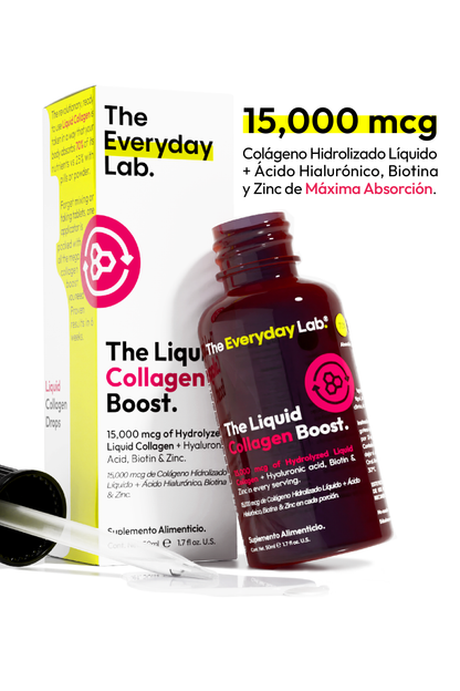Eleva tu belleza natural con The EveryDay Lab, disponible en México. Caja y frasco del producto sobre fondo blanco.
