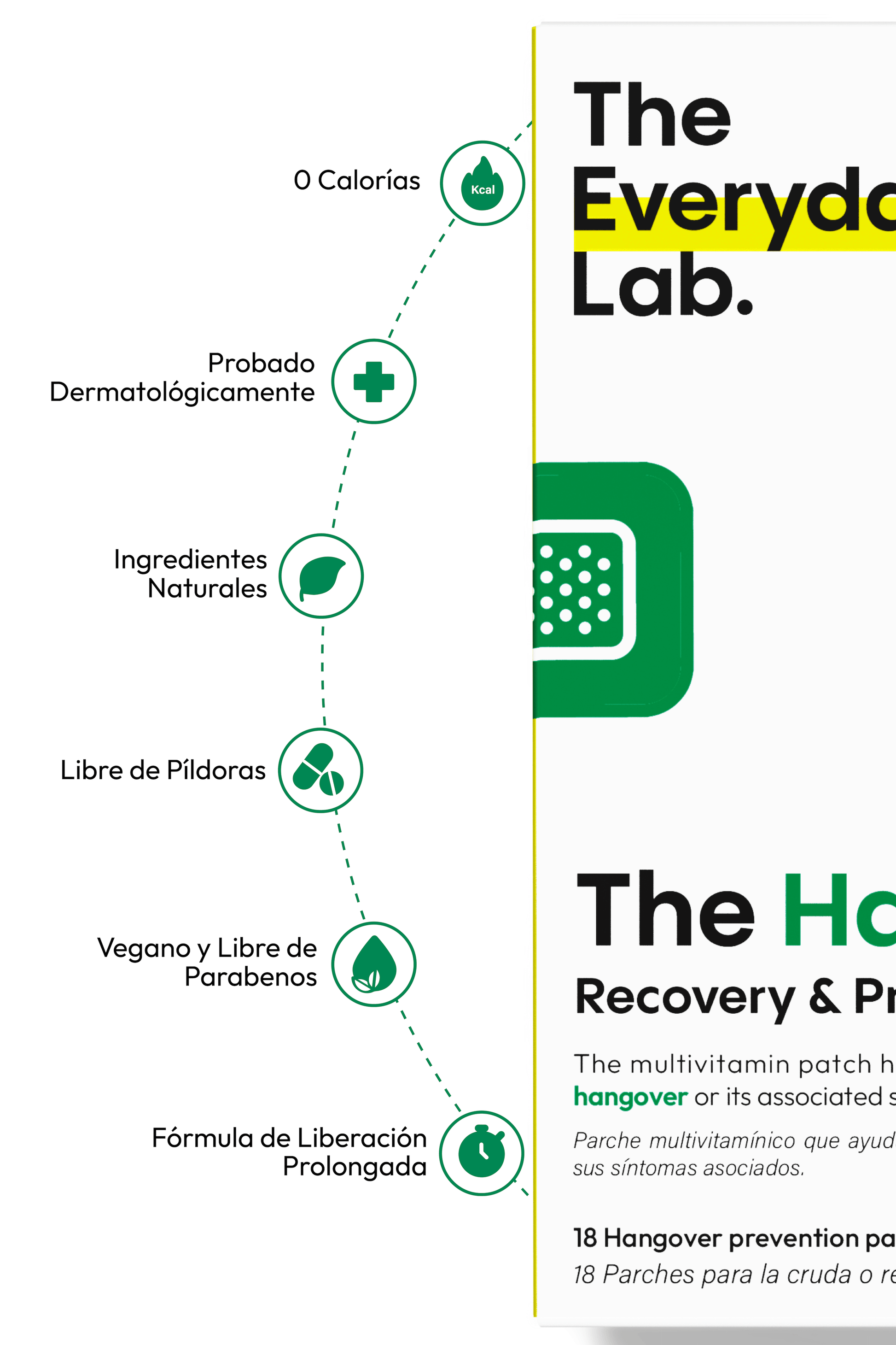 Otra fotografía de las características del producto Parche anti cruda the hangover recovery & prevention patch de The Every Day Lab en México. 