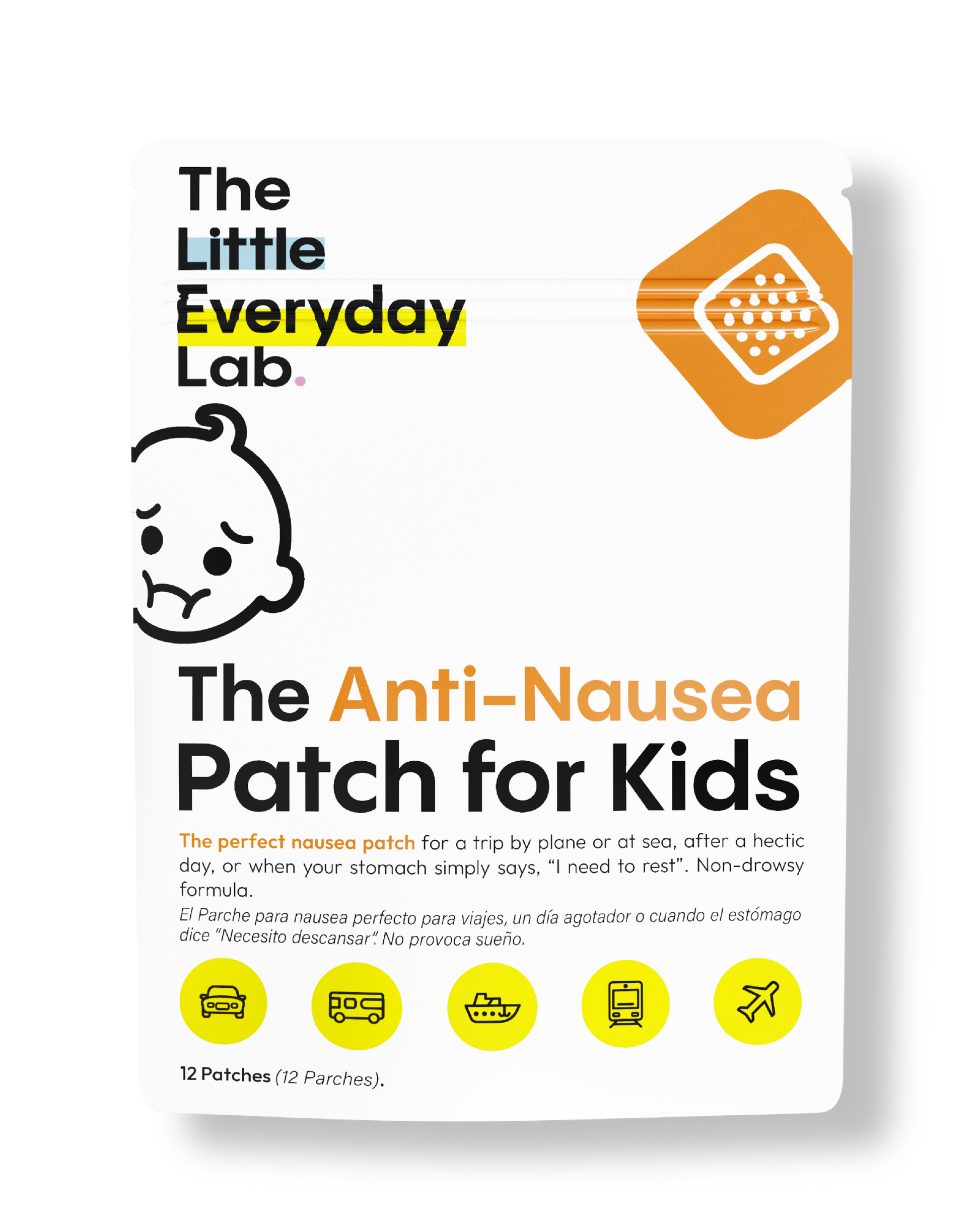 Parche contra el mareo para niños, alivio rápido y natural de náuseas en viajes, fórmula sin somnolencia.