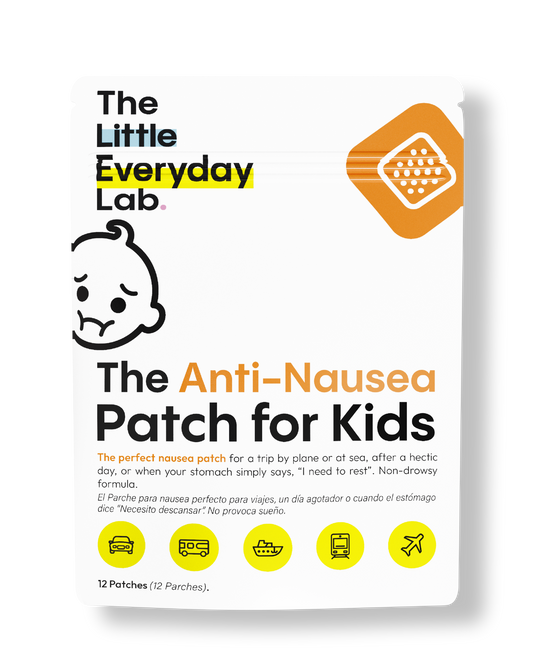 Parche contra el mareo para niños, alivio rápido y natural de náuseas en viajes, fórmula sin somnolencia.