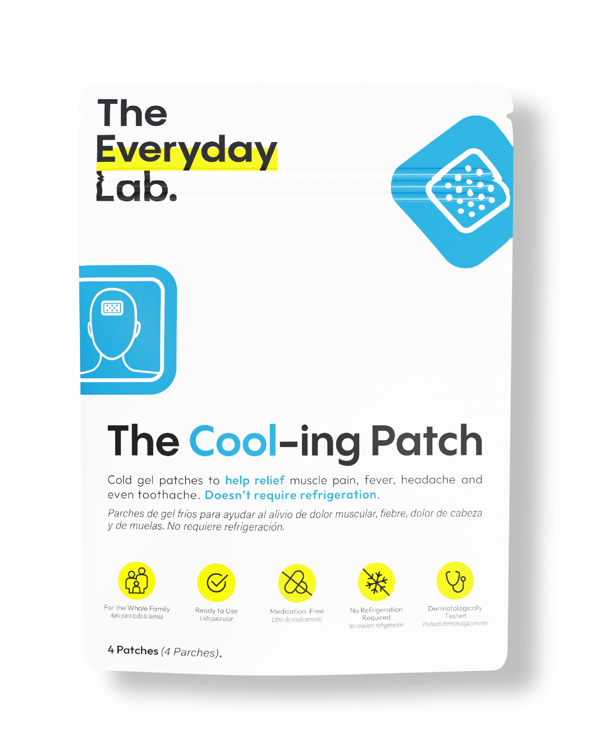 Parche frío para dolor The Cool-ing Patch gel frío para fiebre, dolor de cabeza y migraña para adultos y niños sin refrigeración.