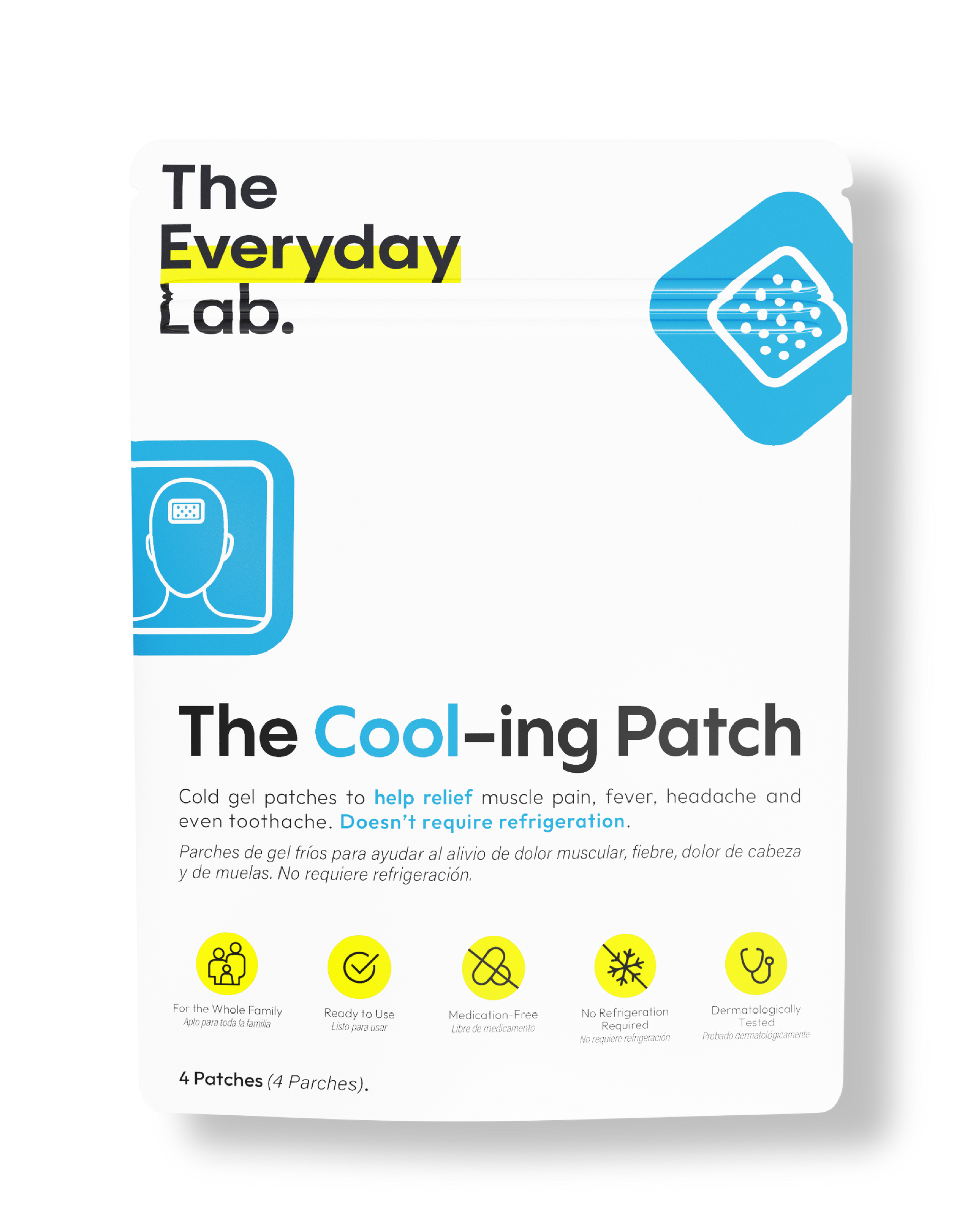 Parche frío para dolor The Cool-ing Patch gel frío para fiebre, dolor de cabeza y migraña para adultos y niños sin refrigeración.