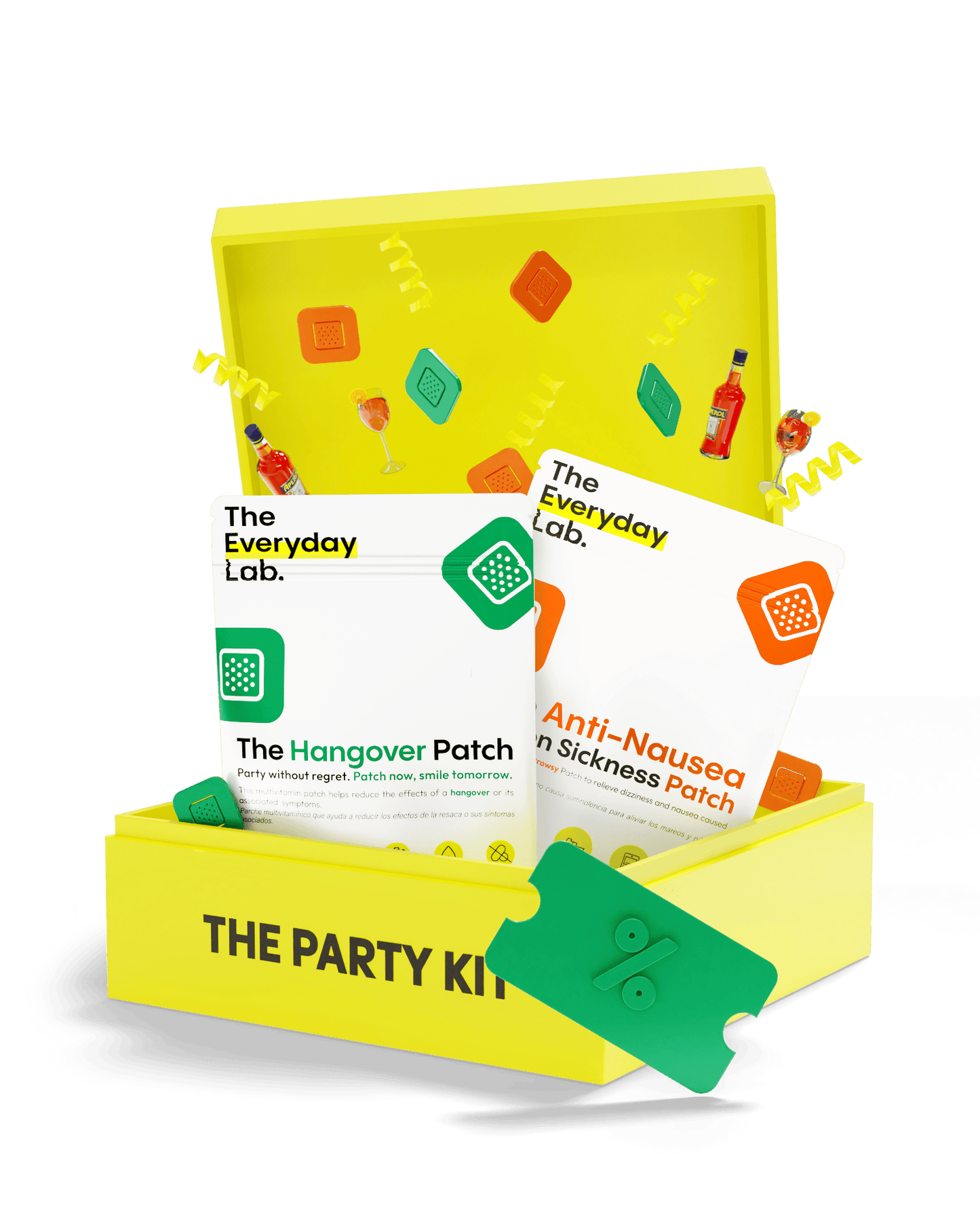 Caja de The Party Kit con parches anti náuseas y anti cruda de The Everyday Lab