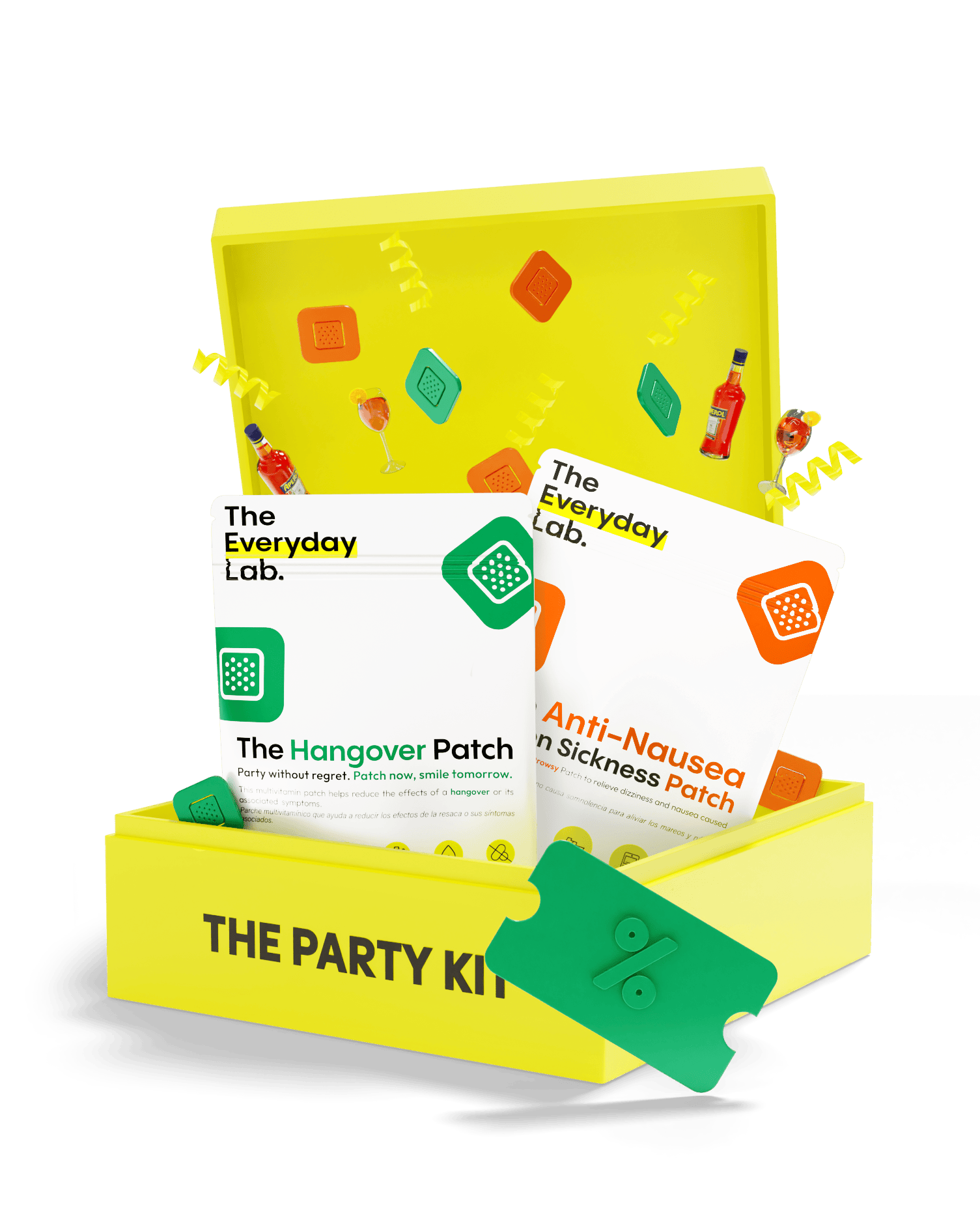 Caja de The Party Kit con parches anti náuseas y anti cruda de The Everyday Lab
