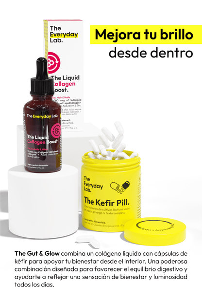 Suplementos The Gut & Glow con colágeno sublingual y Kefir Pill para cuidar el intestino y la piel desde adentro.