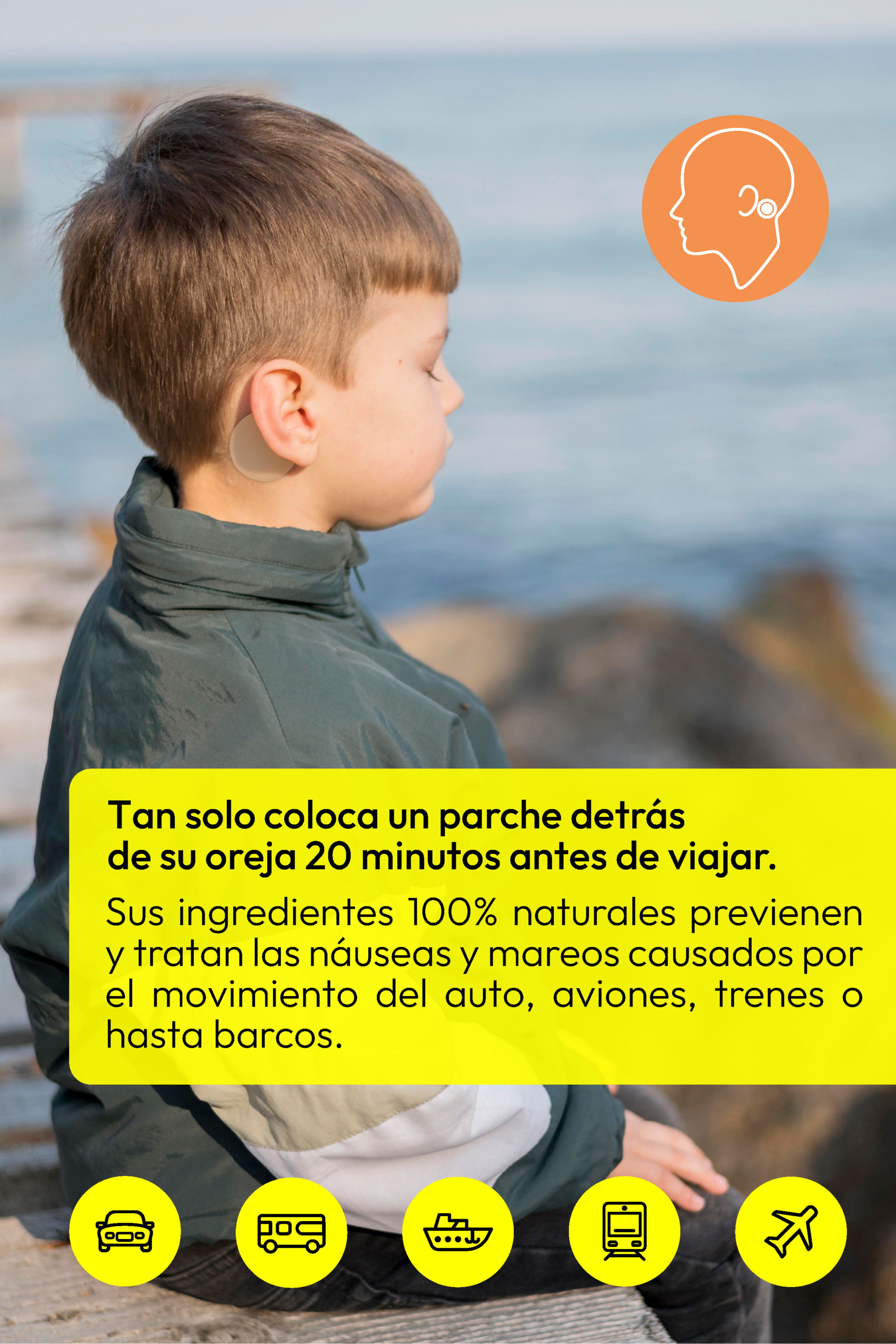 Niño usando un parche detrás de la oreja como apoyo para el mareo durante viajes.